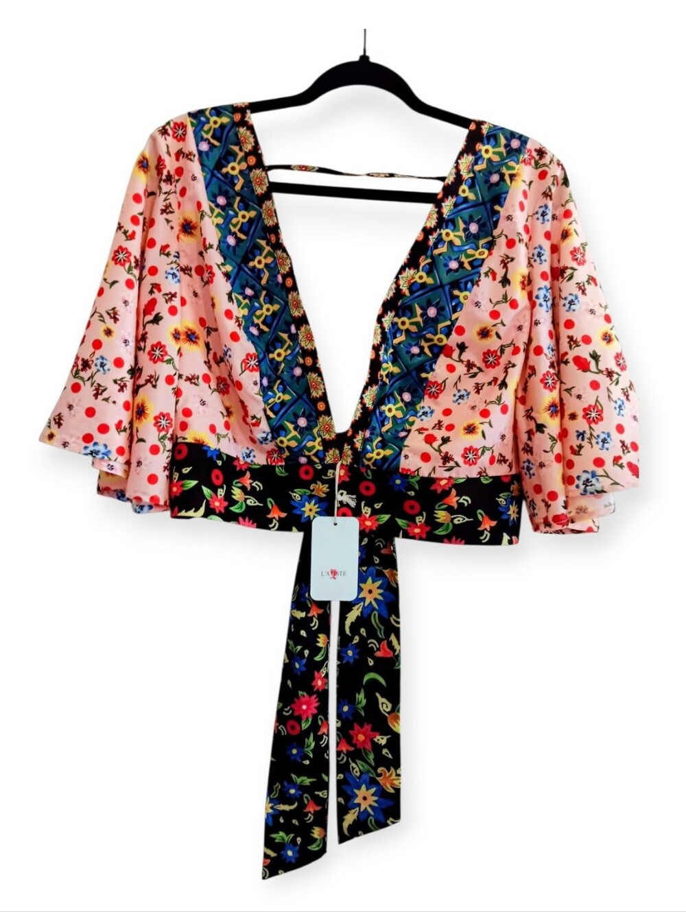 L'atiste by Amy Festive Vibrant Bell Sleeve Floral Boho Cropped Blouse